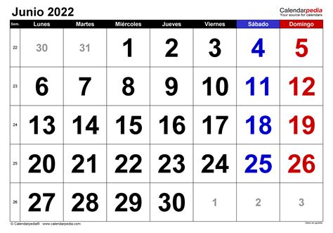 Calendario Junio 2022 En Word Excel Y Pdf Calendarpedia