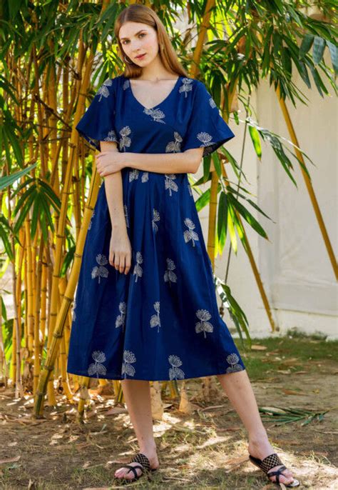 Buy Block Printed Cotton Flared Dress In Indigo Blue Online Tqm681