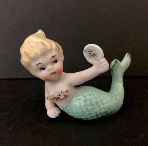 Unusual Vintage Mermaid Porcelain Figurine Holding Mirror Retro Midcentury