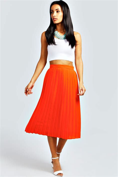Pleated Midi Skirt Orange Midi Skirt Pleated Midi Skirt High Waisted Skirt Spring Summer