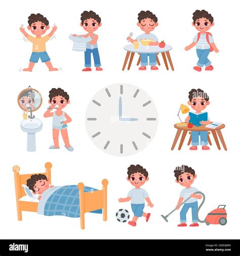 Day Routine Activity For Cartoon School Kid Boy Daily Schedule With