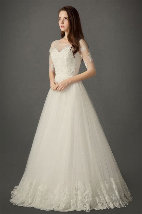 A Line Jewel Illusion Neckline Sheer Back Tulle Lace Sleeve Wedding Dress