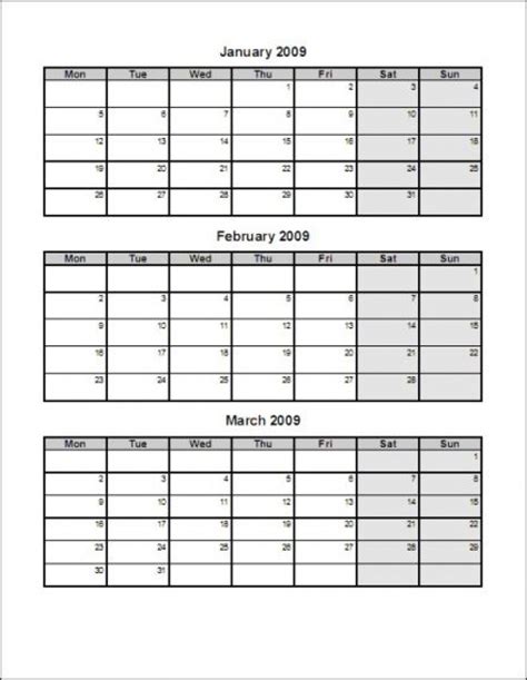 Calendar Templates 3months Per Page Example Calendar