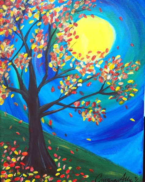 An Acrylic Painting Of A Tree With Falling Leaves
