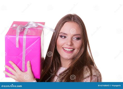 Pretty Woman With Pink Box T Christmas Holiday Stock Image Image Of Celebration Rose