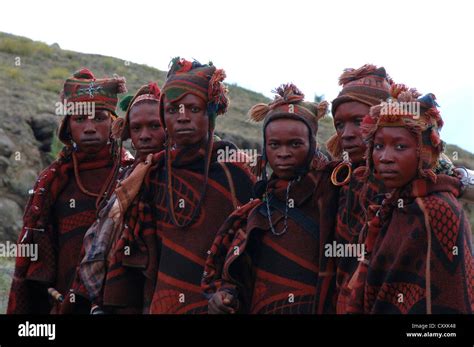 Group Of Young Basotho Men Wearing Traditional Basotho Blankets In