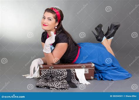 Funny Pinup Girl Lying On Overfilled Suitcase Stock Image Image Of Effort Lifestyle 30204501