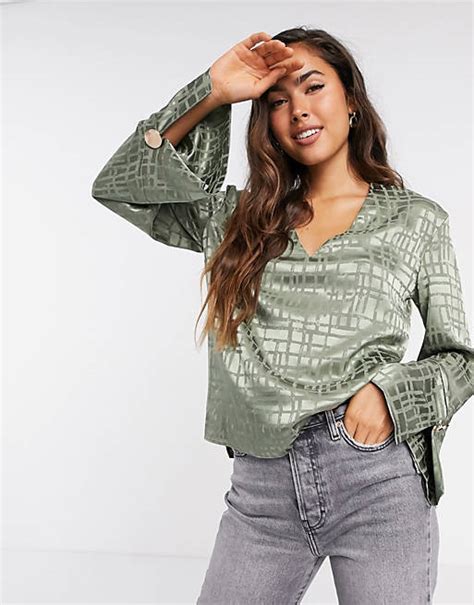 River Island Satin Relaxed Luxe V Neck Blouse In Sage Asos