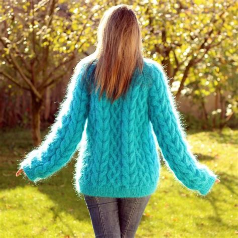 Hand Knit Mohair Sweater Cable Turquoise Fuzzy Turtleneck Etsy Knit Mohair Mohair Sweater
