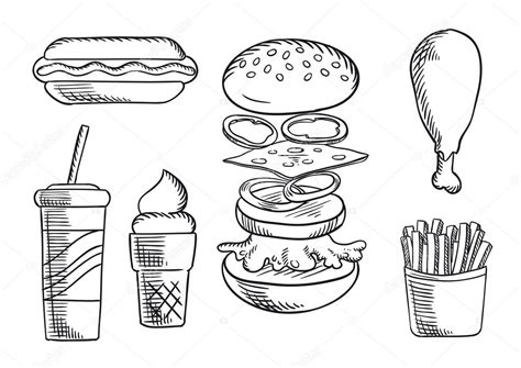 Fast Food Snacks And Drink Sketch Icons Stock Vector Image By