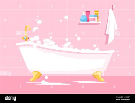 Pink Bathroom Semi Flat Vector Illustration Bath Tub With Bubbles Bathtub With Soap Foam For