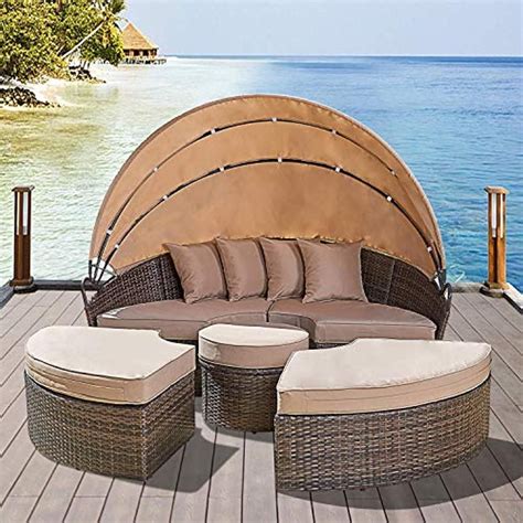Outdoor Patio Round Daybed With Retractable Canopy And Brown Wicker