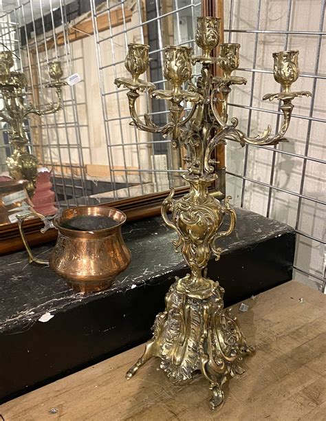 Large Brass 5 Branch Candelabra With A Copper Drinking Vessel With Erotic Depiction Southgate