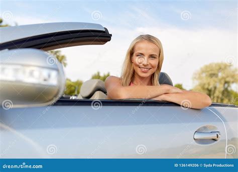 Happy Young Woman In Convertible Car Stock Photo Image Of Traveling