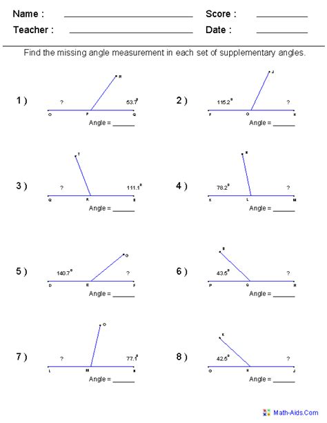 Supplementary Angles Worksheet Answer Key