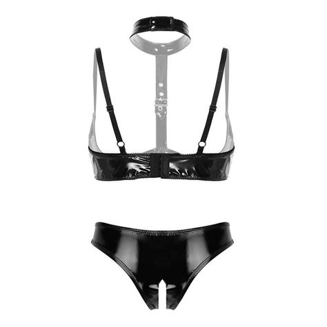 Womens Wet Look Leather Crotchless Open Cup Exotic Lingerie Set Open Cups Shelf Bra Top With