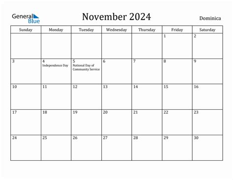 November 2024 Monthly Calendar With Dominica Holidays