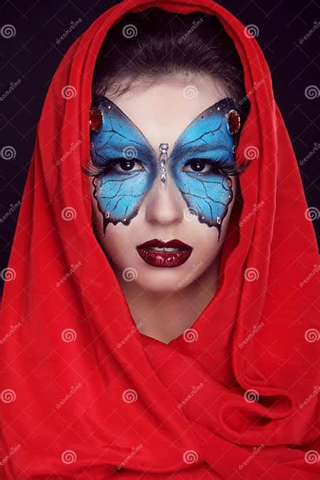 Fashion Make Up Butterfly Makeup On Face Beautiful Woman Stock Image