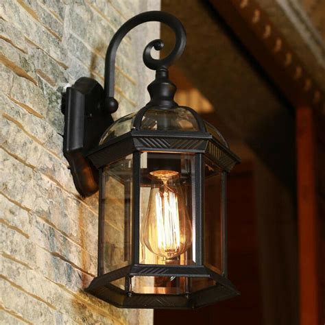Black Vintage Clear Glass Metal Lantern Curved Arm Outdoor Wall Lights Sconces Ebay