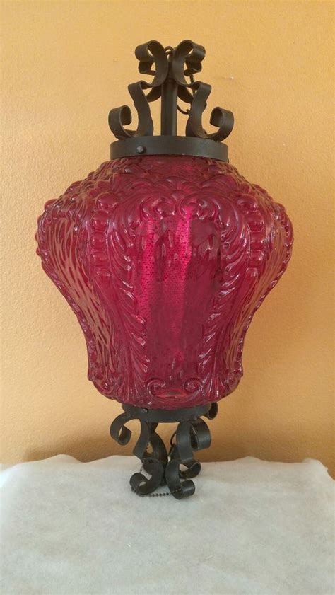 Large Vintage Mid Century Red Decorative Glass Swag Hanging Lamp Lamp
