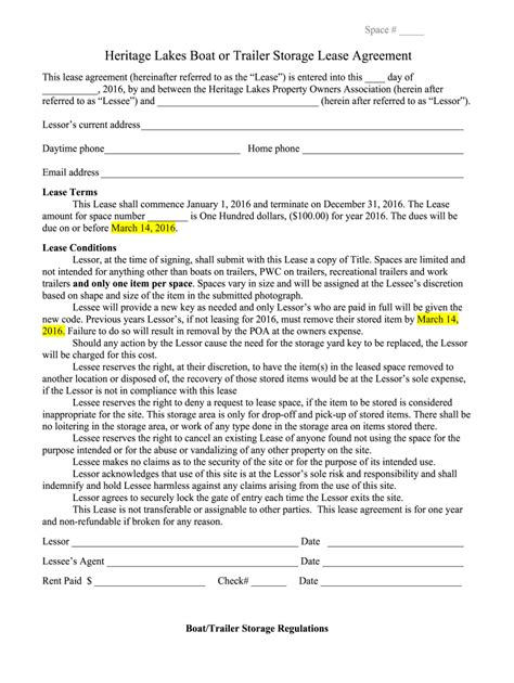 Heritage Lakes Boat Or Trailer Storage Lease Agreement 2016 2021 Fill
