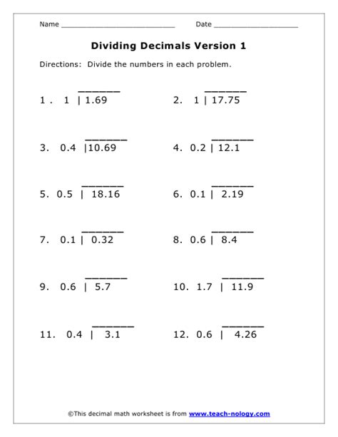 Grade 6 Math Worksheets Dividing Decimals