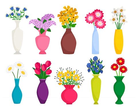Premium Vector Set Of Colored Vases With Blooming Flowers For