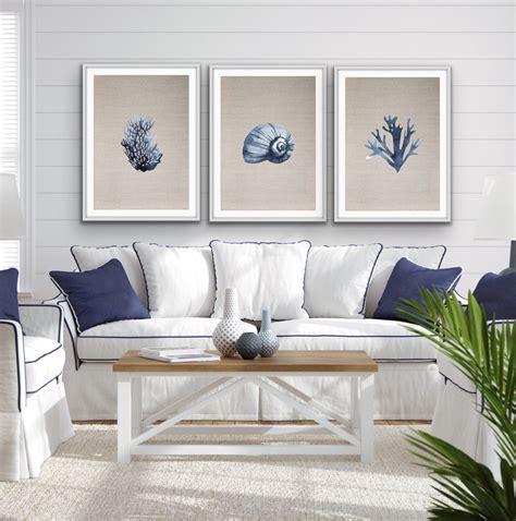 Hamptons Blue Coral On Linen Dark Seaside Wall Art Prints Three Piece