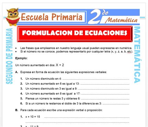 Formulación De Ecuaciones Para Segundo De Primaria Escuela Primaria