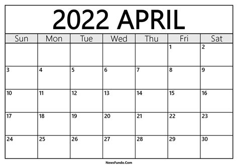 April 2022 Printable Blank Monthly Calendar Printable Calendar April
