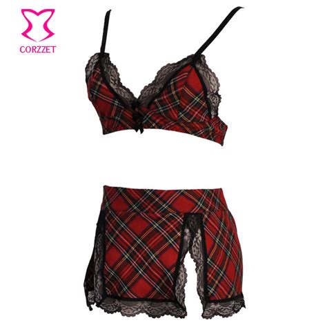 Red Plaid Schoolgirl Roleplay Bra Skirt Set Erotic Sexy Lingerie Costume Underwear Women Adult