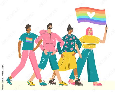 Group Of People With Flag Taking Part In The Demonstration Colorful Vector Characters On Pride