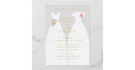 two brides wedding dress lesbians couples shower foil invitation zazzle