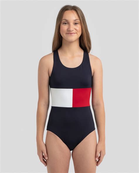 tommy hilfiger girls core flag one piece swimsuit in desert sky fast shipping and easy returns