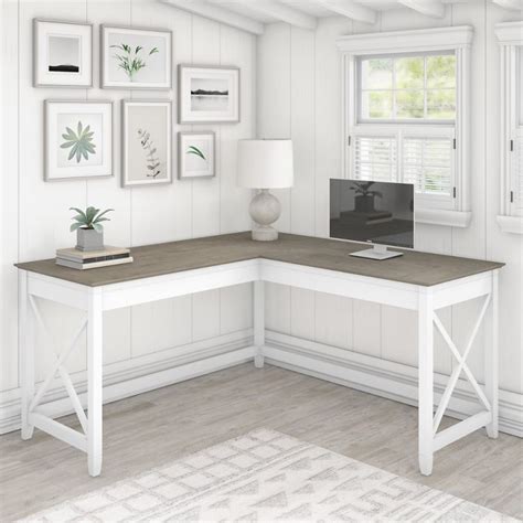 Bush Furniture Key West 60w L Shaped Desk In Pure White And Shiplap