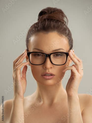 Portrait Of Hot Sexy Naked Woman Wearing Glasses Stockfotos Und