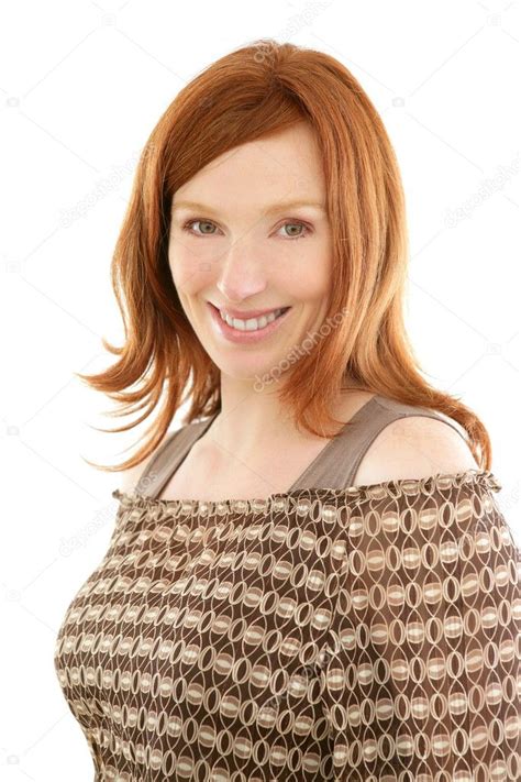 Redhead Beautiful Woman Portrait Smiling — Stock Photo © Lunamarina