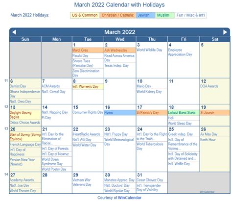 Printable Calendar March 2022 With Holidays