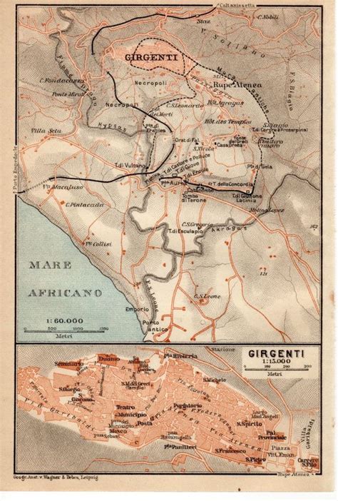 1911 Agrigento Sicily Antique Map Girgenti Ancient Greek Akragas