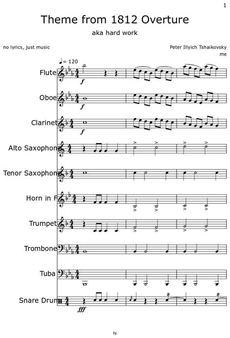 Theme From 1812 Overture Sheet Music For Flute Oboe Clarinet Alto