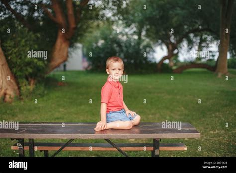 Portrait Of Cute Adorable Toddler Boy Sitting Alone In Park Baby Child