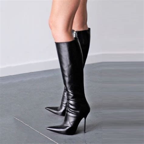 Shoespie Stylish Black Pointed Toe Stiletto Heel Knee High Boots High Knee Boots Outfit High