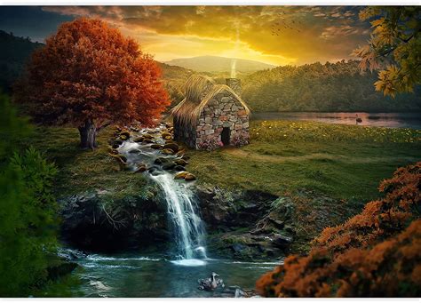 Wall26 Beautiful Nature Scene With Cottage In The Mountains Near A