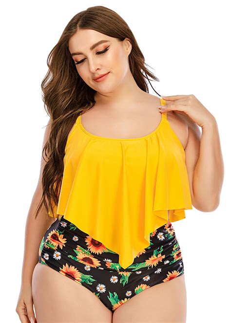 Sunflower Print Asymmetric Hem Plus Size Bikini Set Rosewe Com Usd