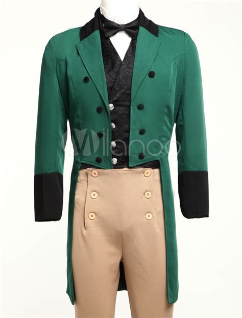 Mens Vintage Costume Victorian Green High Low Coat Retro Overcoat