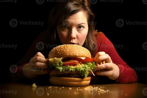 A Big Hamburger And An Overweight Woman Awareness Of Obesity As A Result Of Unhealthy Eating