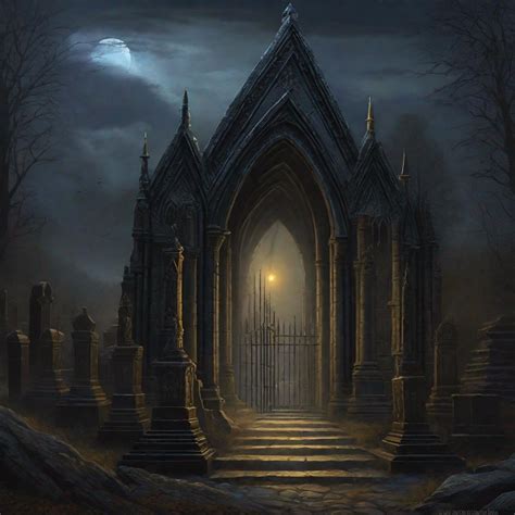 Fantasy Art Oil Painting Very Foggy Gothic Grave Openart