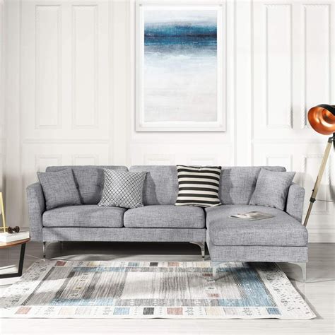 Grey Upholstered Linen Sectional Sofa 