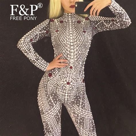 Full Pearl Crystal Rhinestones Bodysuit Outfits Womens Latin Dress Costumes Runway Stage D