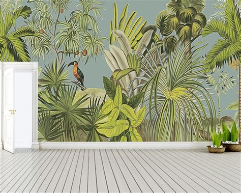 Beibehang Custom Wallpaper Retro Tropical Rainforest Parrot Palm Leaf